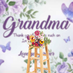 Aperturee - Aperturee Purple Floral Butterfly Thank You Grandma Backdrop