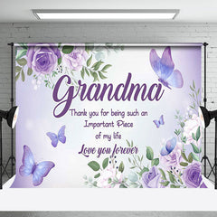 Aperturee - Aperturee Purple Floral Butterfly Thank You Grandma Backdrop