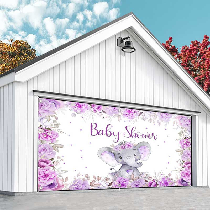 Aperturee - Aperturee Purple Floral Elephant Baby Shower Garage Door Banner