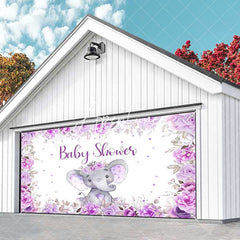 Aperturee - Aperturee Purple Floral Elephant Baby Shower Garage Door Banner