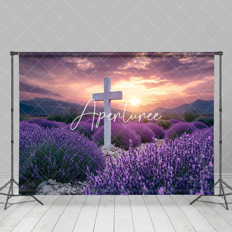 Aperturee - Aperturee Purple Floral Field Sunset Cross Easter Backdrop