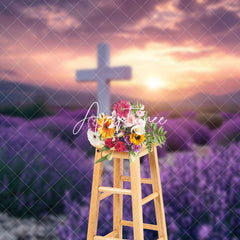 Aperturee - Aperturee Purple Floral Field Sunset Cross Easter Backdrop