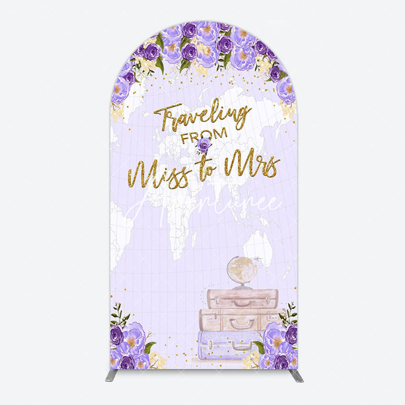 Aperturee - Aperturee Purple Floral Luggage Map Wedding Arch Backdrop