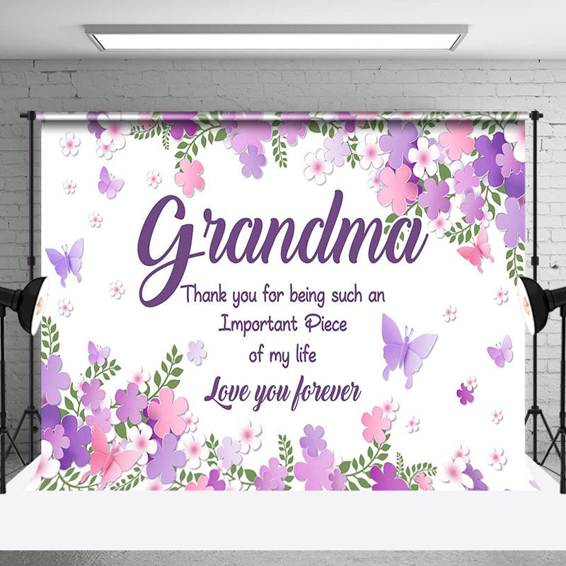 Aperturee - Aperturee Purple Floral Plant Leaf Thank You Grandma Backdrop