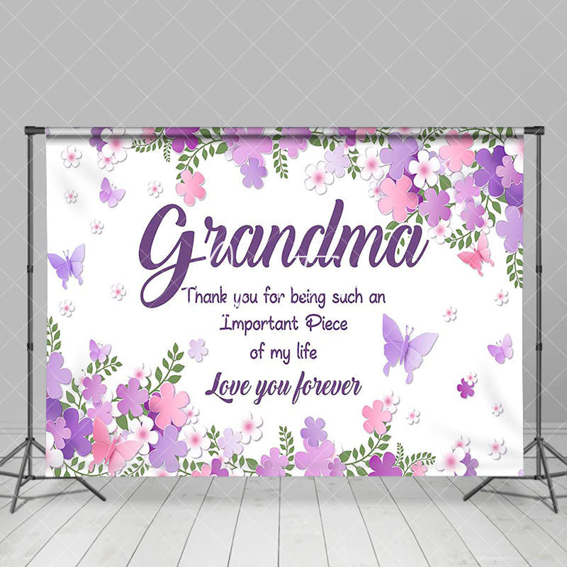 Aperturee - Aperturee Purple Floral Plant Leaf Thank You Grandma Backdrop