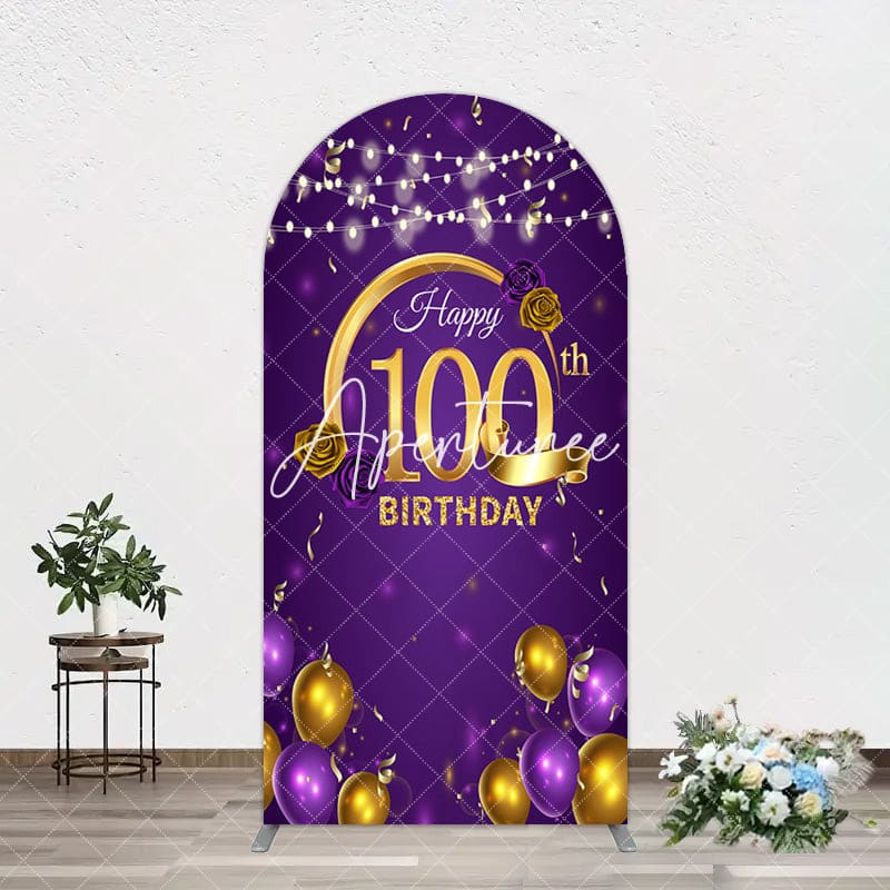 Aperturee - Aperturee Purple Gold Balloons 100th Birthday Arch Backdrop