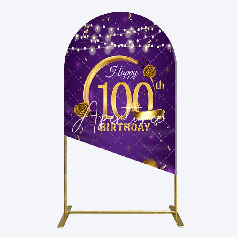 Aperturee - Aperturee Purple Gold Balloons 100th Birthday Arch Backdrop