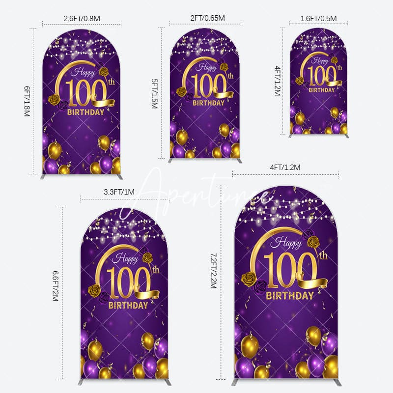 Aperturee - Aperturee Purple Gold Balloons 100th Birthday Arch Backdrop