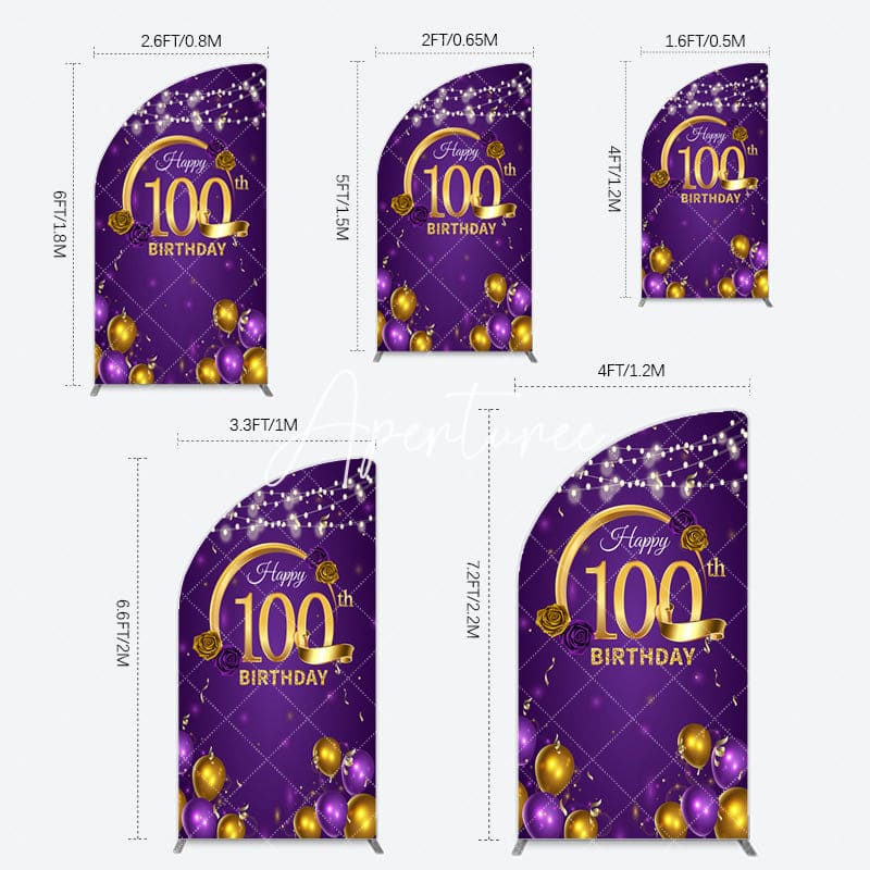 Aperturee - Aperturee Purple Gold Balloons 100th Birthday Half Moon Arch Backdrop