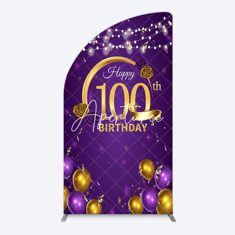 Aperturee - Aperturee Purple Gold Balloons 100th Birthday Half Moon Arch Backdrop