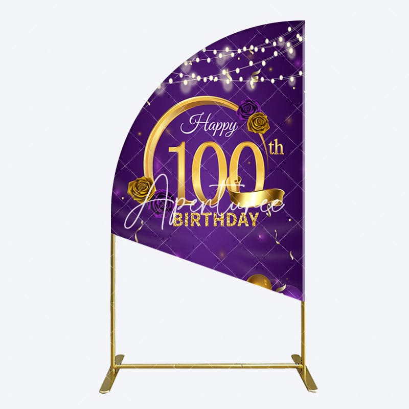 Aperturee - Aperturee Purple Gold Balloons 100th Birthday Half Moon Arch Backdrop