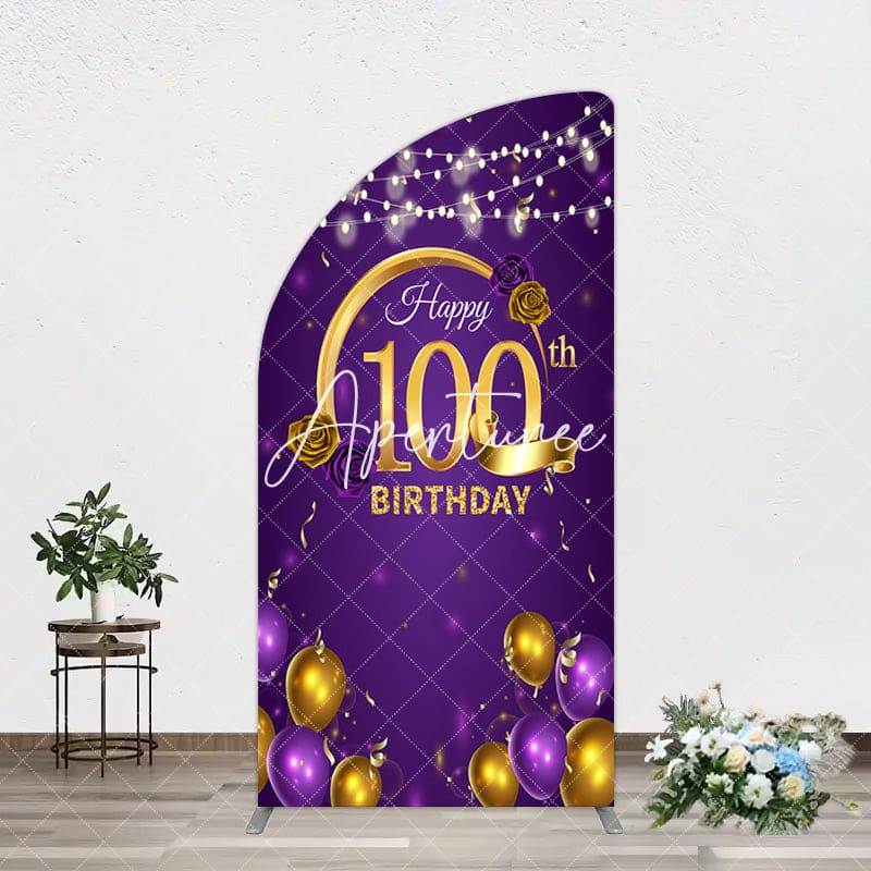 Aperturee - Aperturee Purple Gold Balloons 100th Birthday Half Moon Arch Backdrop