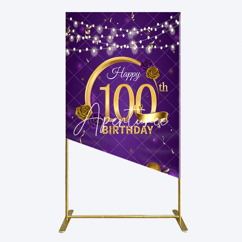 Aperturee - Aperturee Purple Gold Balloons 100th Birthday Rectangle Backdrop