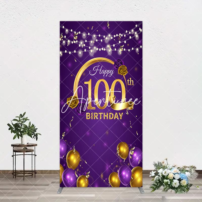 Aperturee - Aperturee Purple Gold Balloons 100th Birthday Rectangle Backdrop