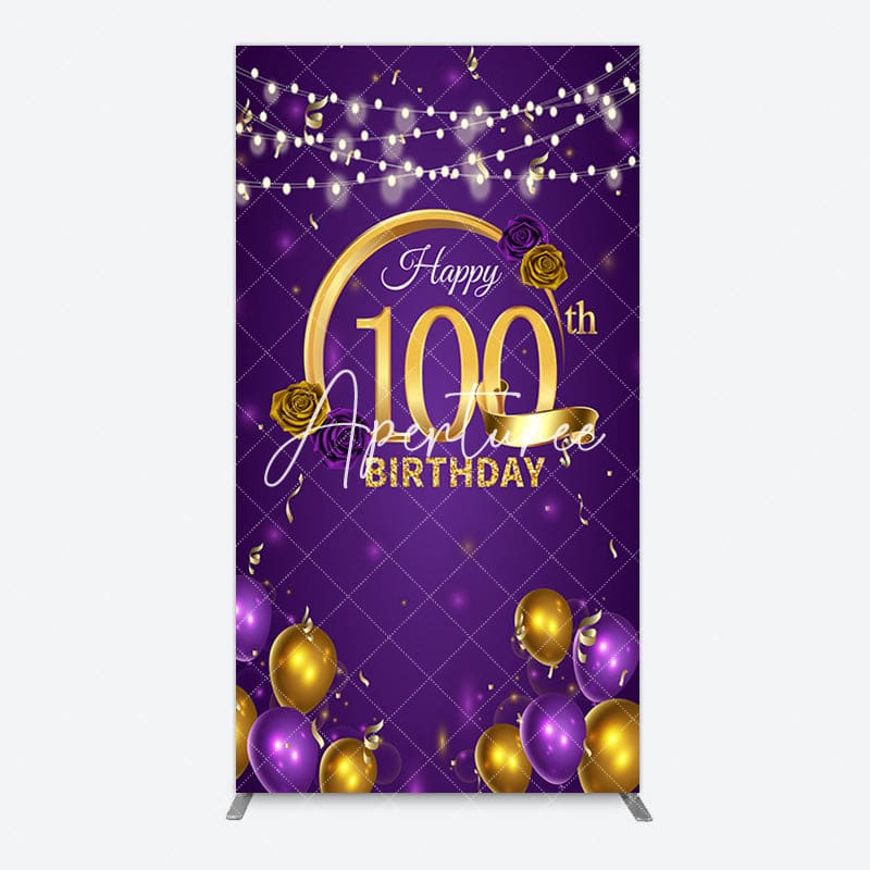 Aperturee - Aperturee Purple Gold Balloons 100th Birthday Rectangle Backdrop