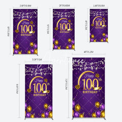 Aperturee - Aperturee Purple Gold Balloons 100th Birthday Rectangle Backdrop