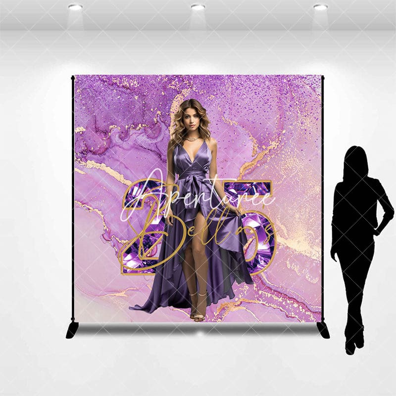 Aperturee - Aperturee Purple Gold Marbled Custom Photo Birthday Backdrop