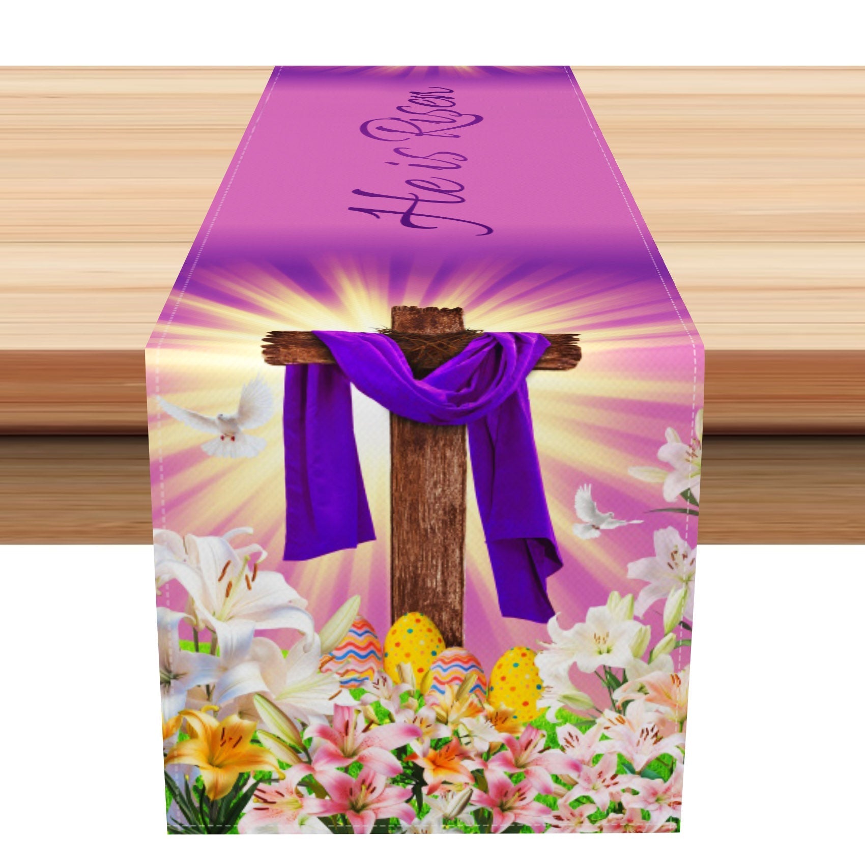 Aperturee - Aperturee Purple Gold Sunlight Cross He Is Risen Table Runner