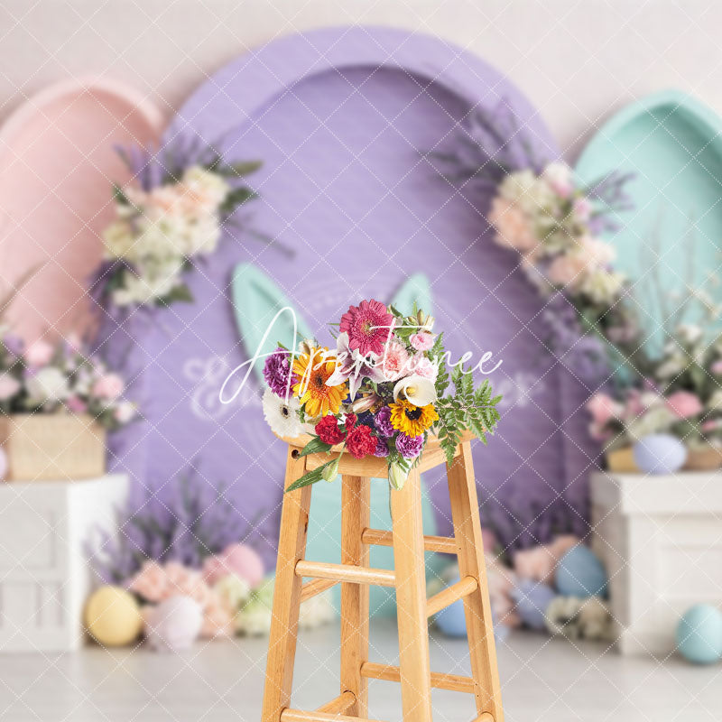 Aperturee - Aperturee Purple Green Arch Floral Eggs Easter Photo Backdrop