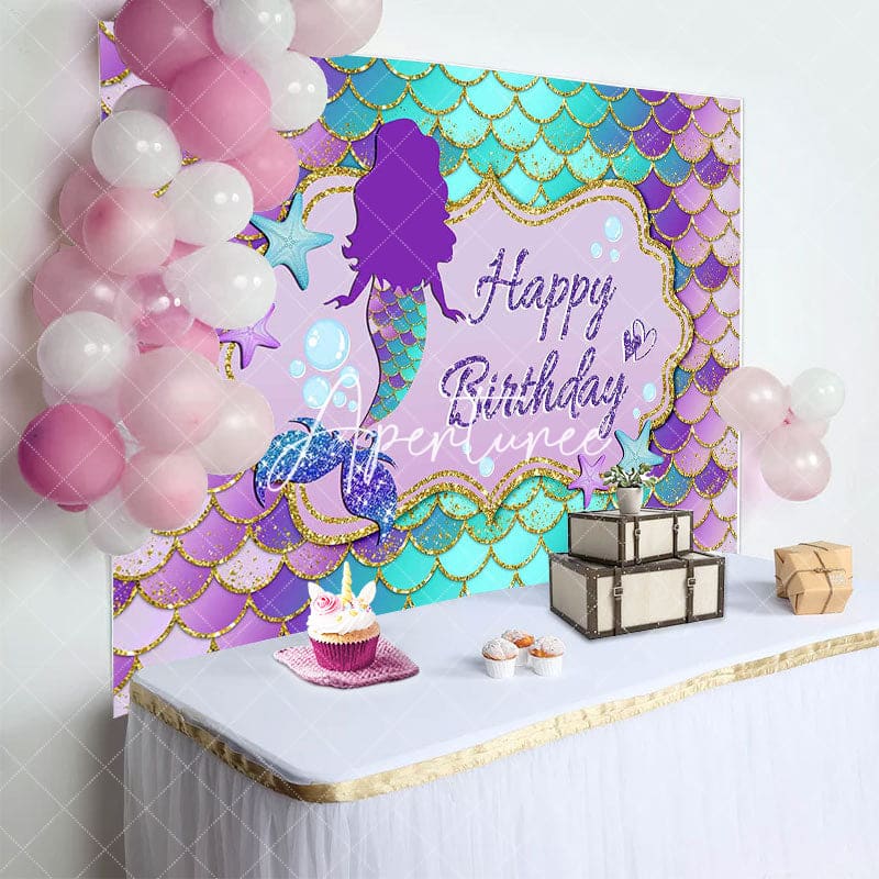 Aperturee - Aperturee Purple Green Mermaid Scales Happy Birthday Backdrop