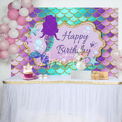 Aperturee - Aperturee Purple Green Mermaid Scales Happy Birthday Backdrop