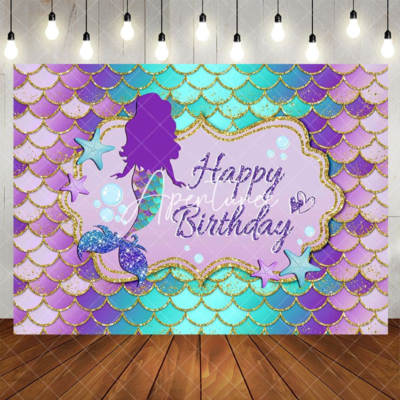 Aperturee - Aperturee Purple Green Mermaid Scales Happy Birthday Backdrop