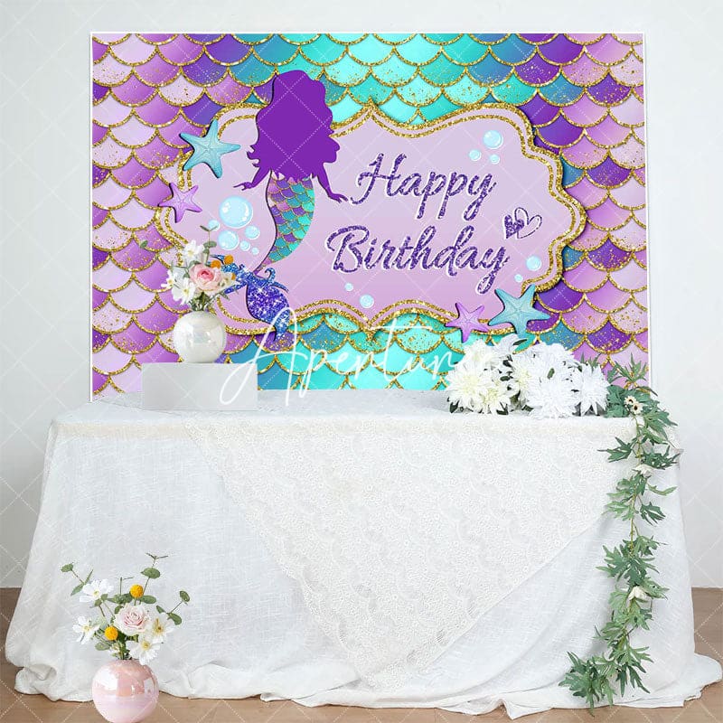 Aperturee - Aperturee Purple Green Mermaid Scales Happy Birthday Backdrop