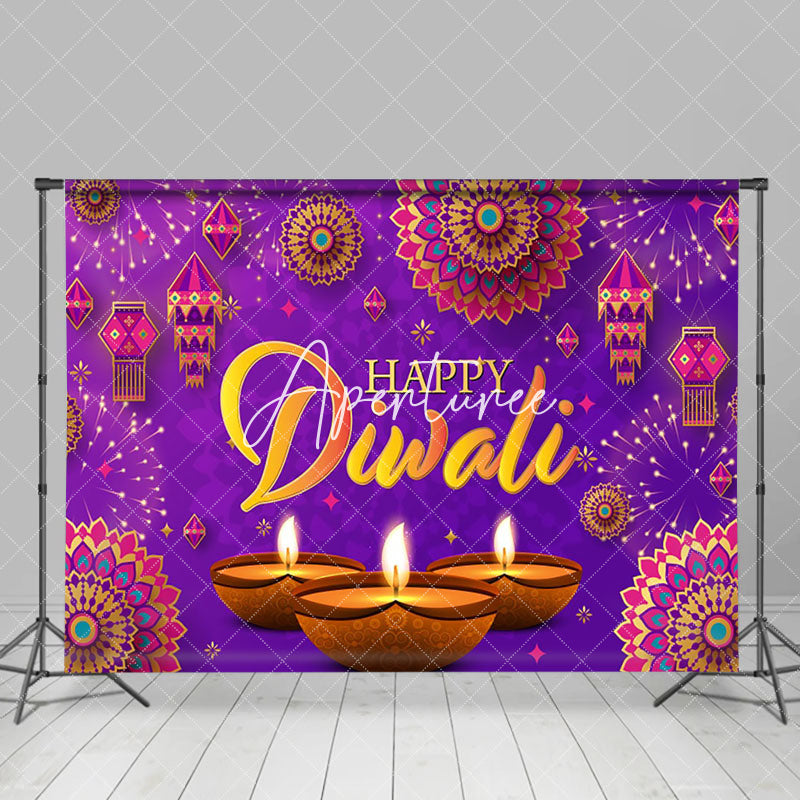 Aperturee - Aperturee Purple Lanterns Diyas Floral Happy Diwali Backdrop