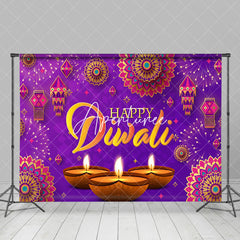 Aperturee - Aperturee Purple Lanterns Diyas Floral Happy Diwali Backdrop