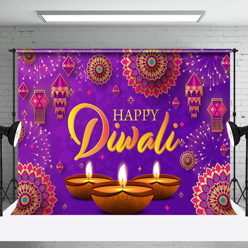 Aperturee - Aperturee Purple Lanterns Diyas Floral Happy Diwali Backdrop