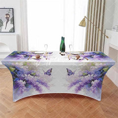 Aperturee - Aperturee Purple Lavender Floral Butterfly Stretch Table Cover