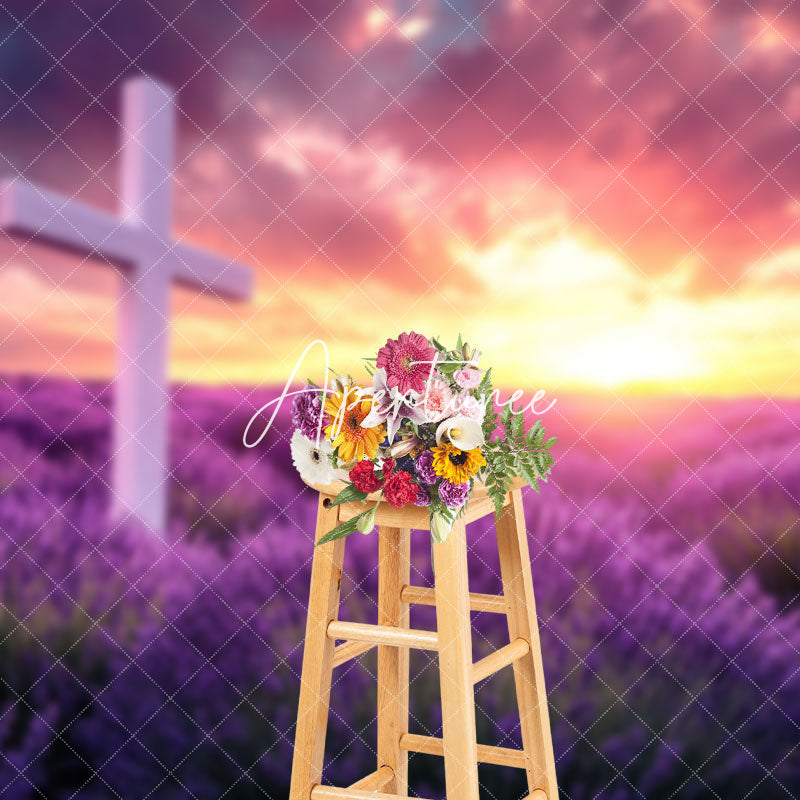 Aperturee - Aperturee Purple Lavender Flower Sea Cross Easter Backdrop