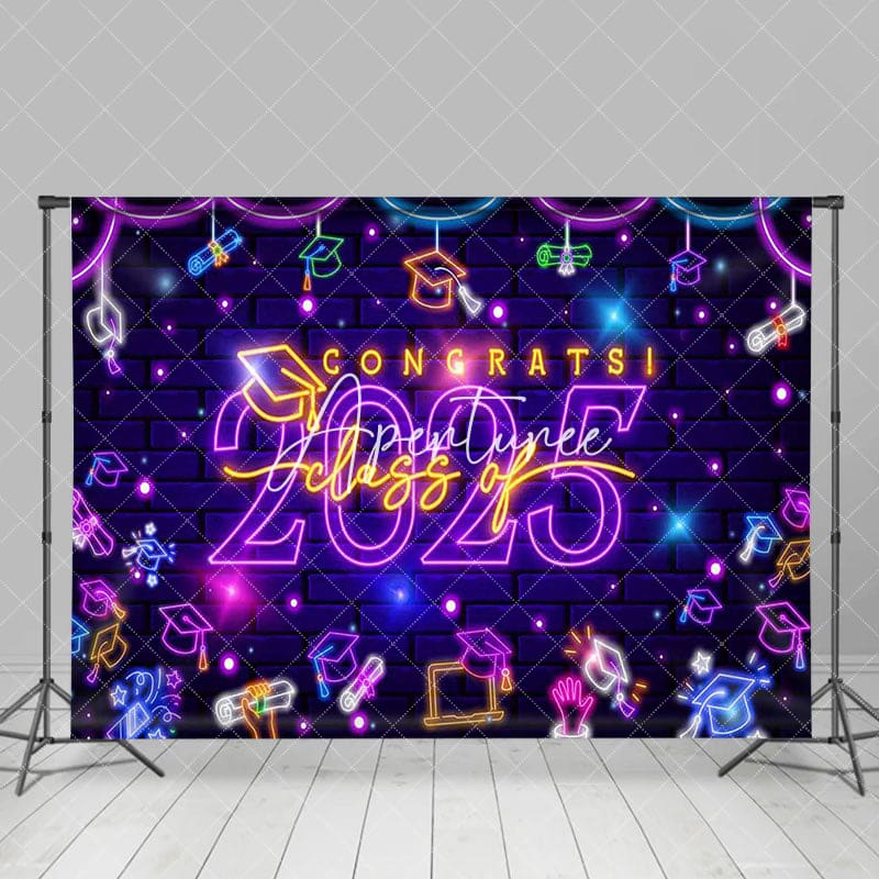 Aperturee - Aperturee Purple Neon Brick Wall Congrats Class of 2025 Backdrop