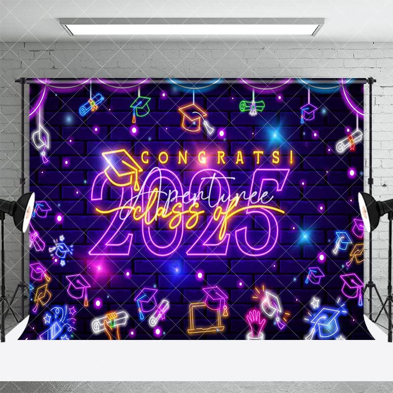 Aperturee - Aperturee Purple Neon Brick Wall Congrats Class of 2025 Backdrop