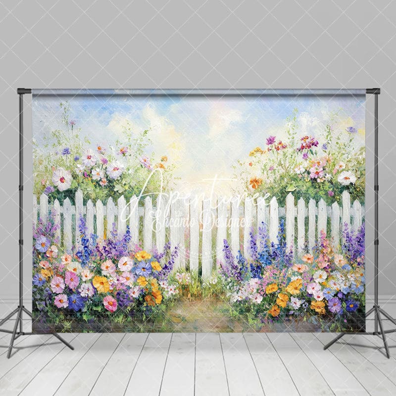 Aperturee - Aperturee Purple Oil Floral White Fence Spring Photo Backdrop