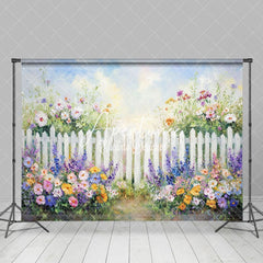 Aperturee - Aperturee Purple Oil Floral White Fence Spring Photo Backdrop