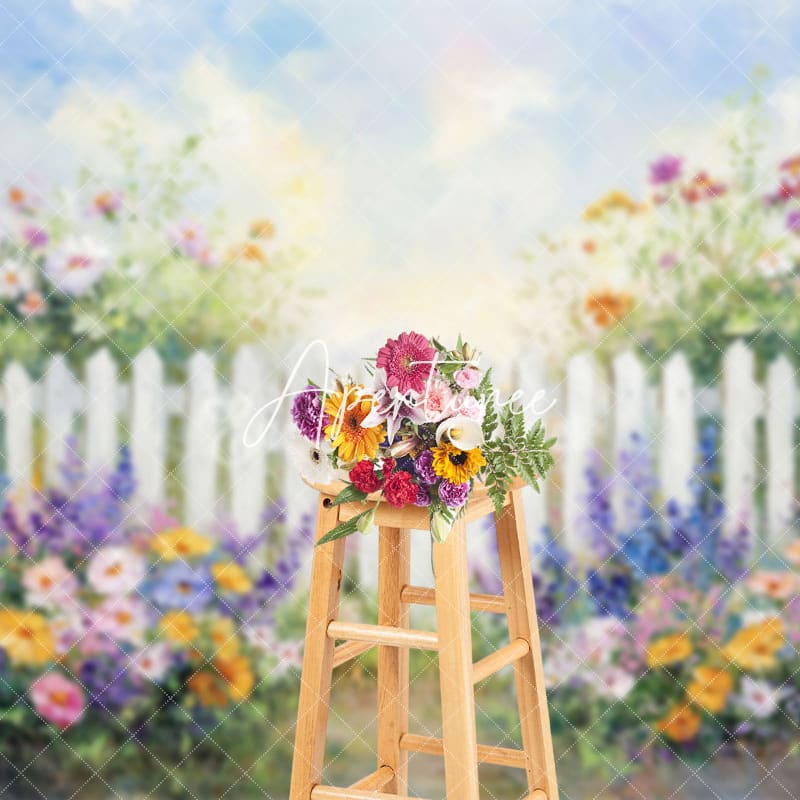 Aperturee - Aperturee Purple Oil Floral White Fence Spring Photo Backdrop