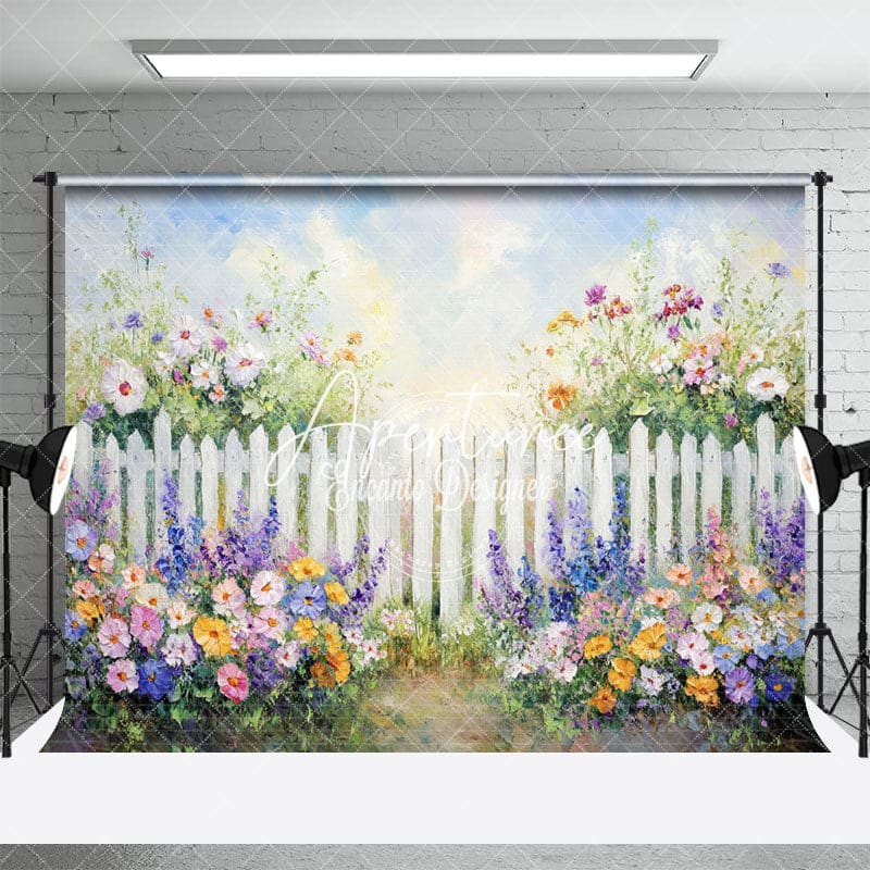 Aperturee - Aperturee Purple Oil Floral White Fence Spring Photo Backdrop