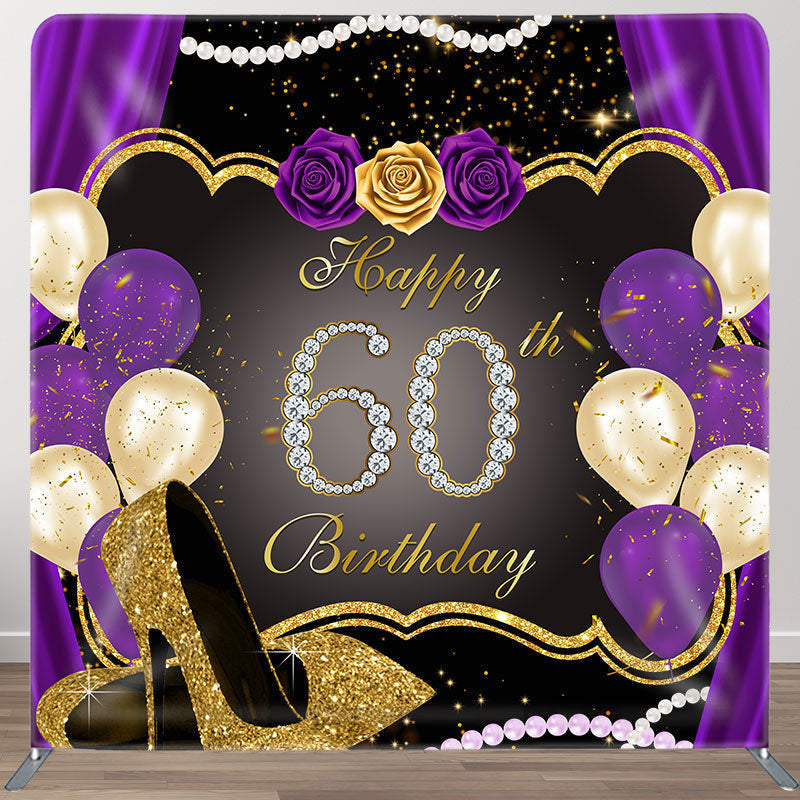 Aperturee - Aperturee Purple Rose 60th Fabric Backdrop Cover for Birthday