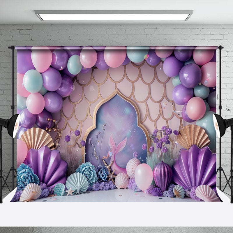 Aperturee - Aperturee Purple Scales Mermaid Shells Cake Smash Backdrop