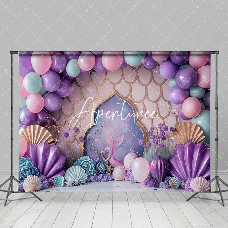 Aperturee - Aperturee Purple Scales Mermaid Shells Cake Smash Backdrop