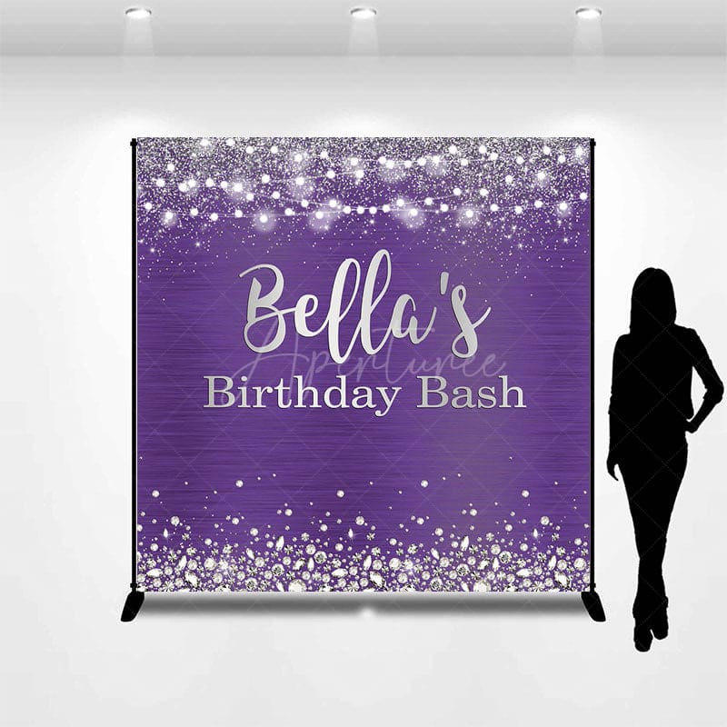 Aperturee - Aperturee Purple Silver Diamonds Custom Name Birthday Backdrop