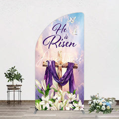 Aperturee - Aperturee Purple Sky Floral Cross He Is Risen Arch Backdrop