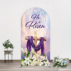 Aperturee - Aperturee Purple Sky Floral Cross He Is Risen Arch Backdrop