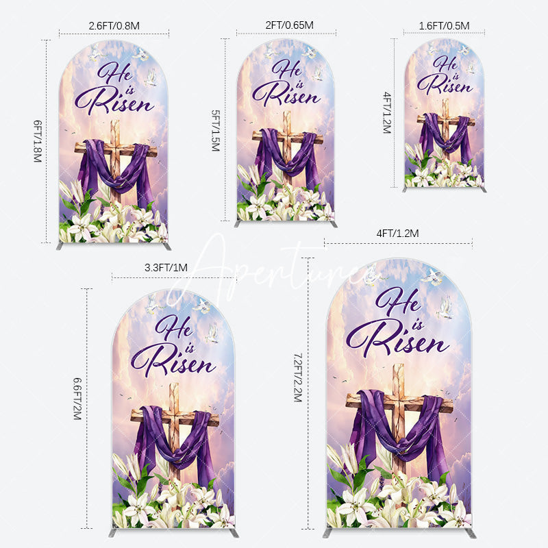 Aperturee - Aperturee Purple Sky Floral Cross He Is Risen Arch Backdrop