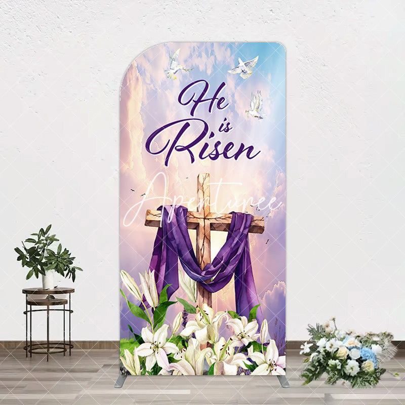 Aperturee - Aperturee Purple Sky Floral Cross He Is Risen Arch Backdrop