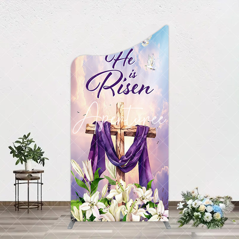 Aperturee - Aperturee Purple Sky Floral Cross He Is Risen Arch Backdrop