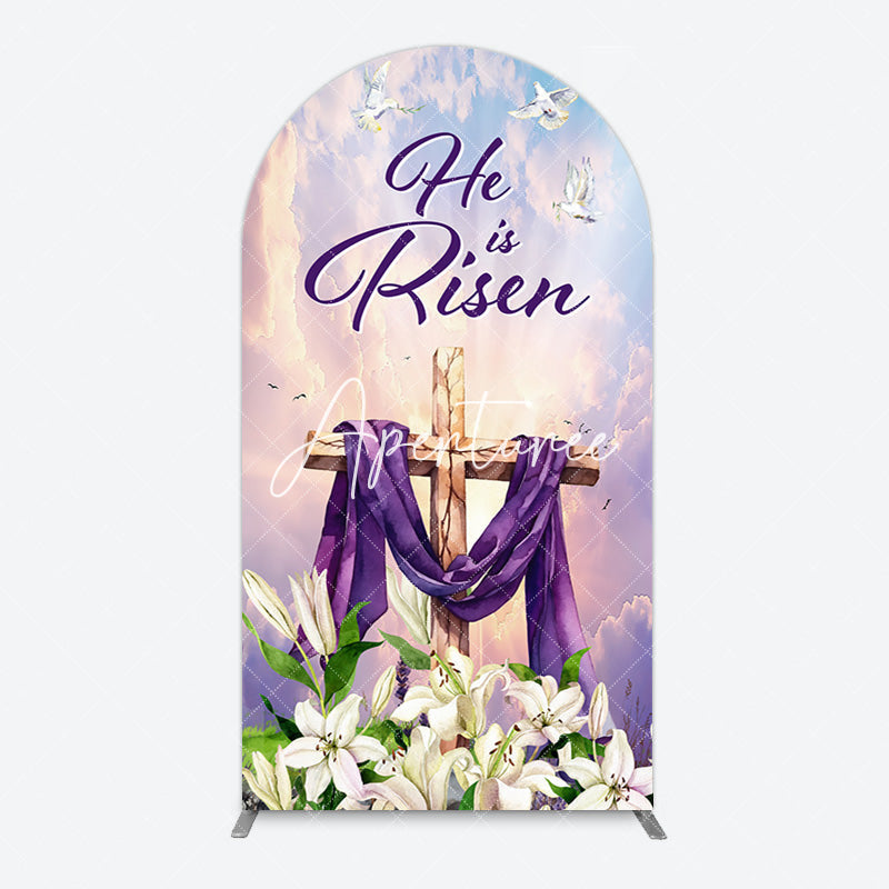 Aperturee - Aperturee Purple Sky Floral Cross He Is Risen Arch Backdrop