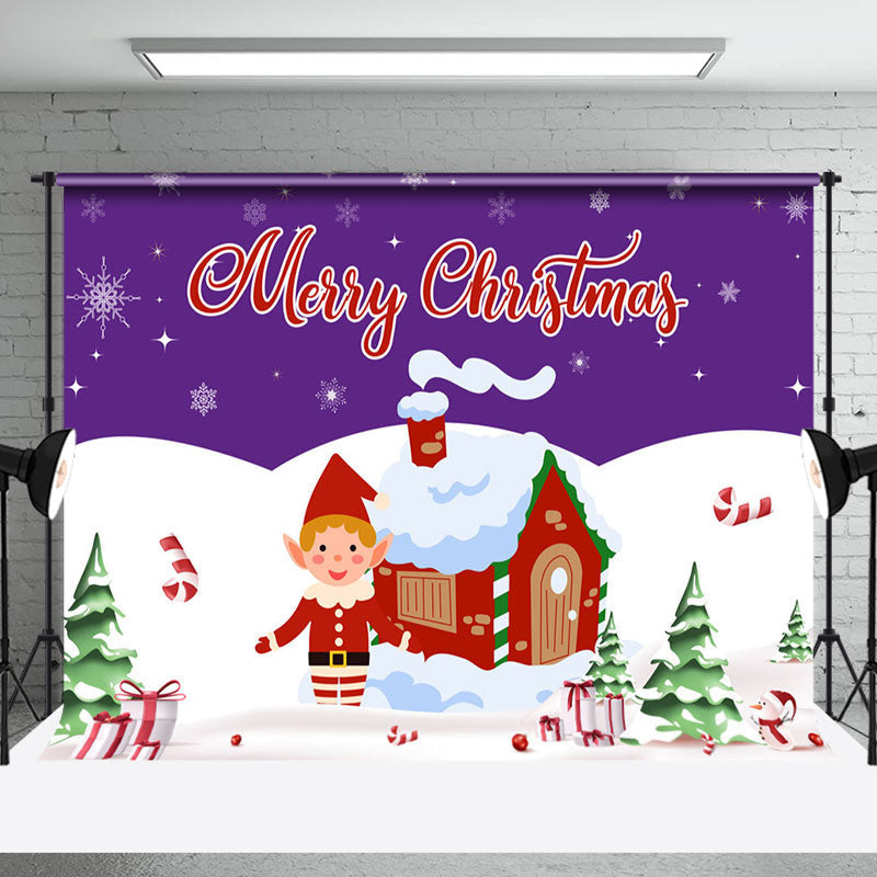 Aperturee - Aperturee Purple Sky Snowy Field Cabin Elf Christmas Backdrop