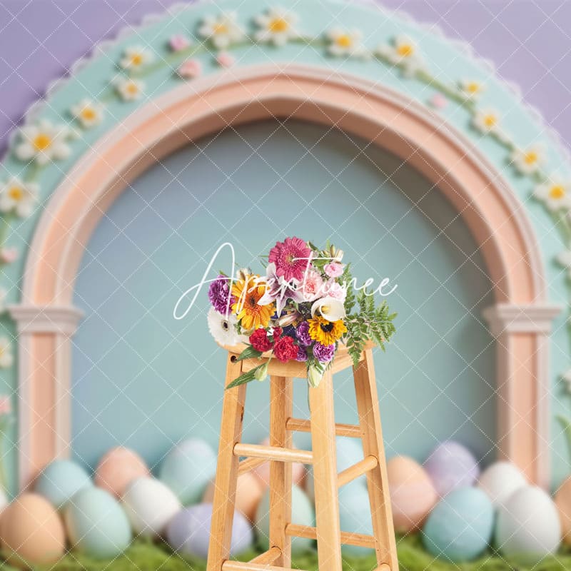 Aperturee - Aperturee Purple Wall Green Floral Arch Eggs Easter Backdrop